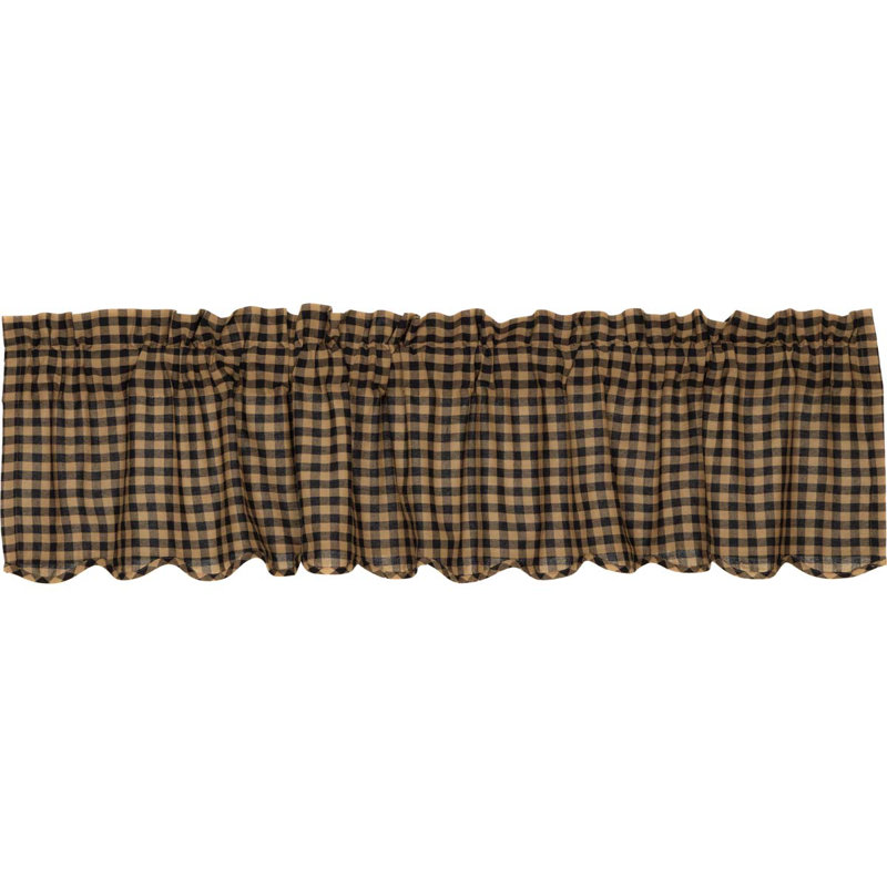 Cotton Plaid Scalloped Window Valance, Black/Khaki, 60" W x 16" L