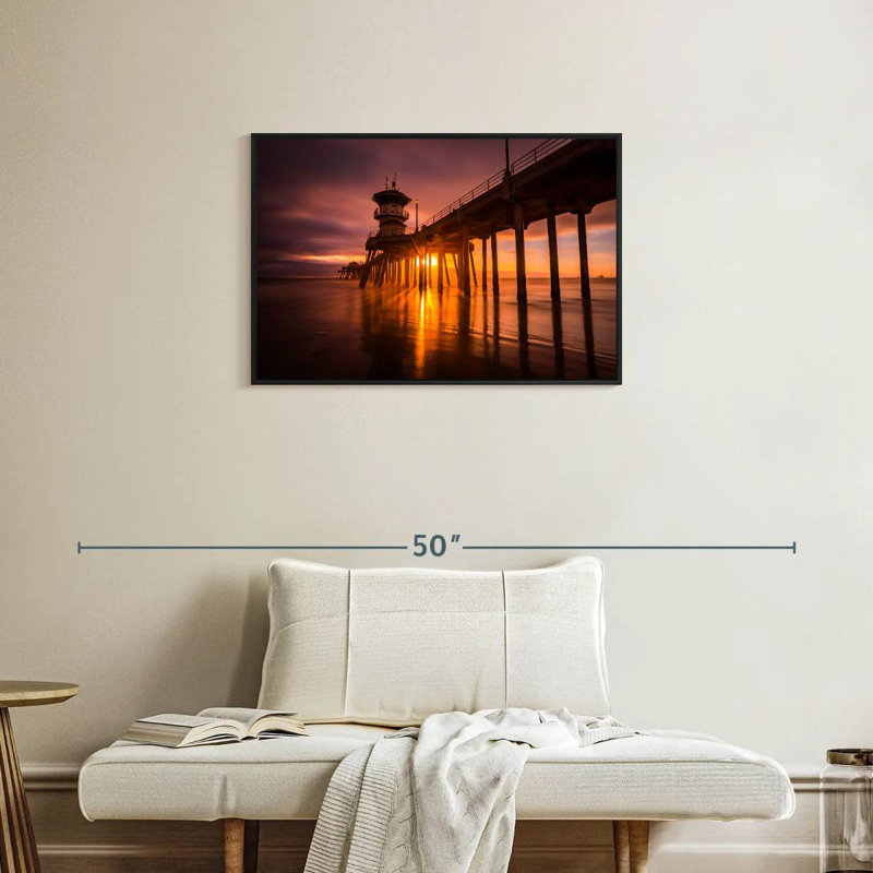 Coucher de soleil à Huntington Beach Pier, Cadre flottant noir, 31 po x 21 po