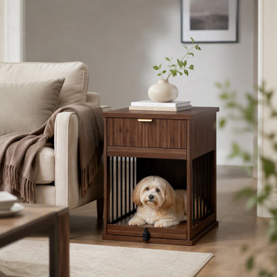 Table de bout pour chien avec station de charge, meuble pour chenil en bois avec porte en verre trempé dissimulé, table d'appoint multifonctionnelle pour animaux avec tiroir de rangement, maisonnette pour petit chien moyen