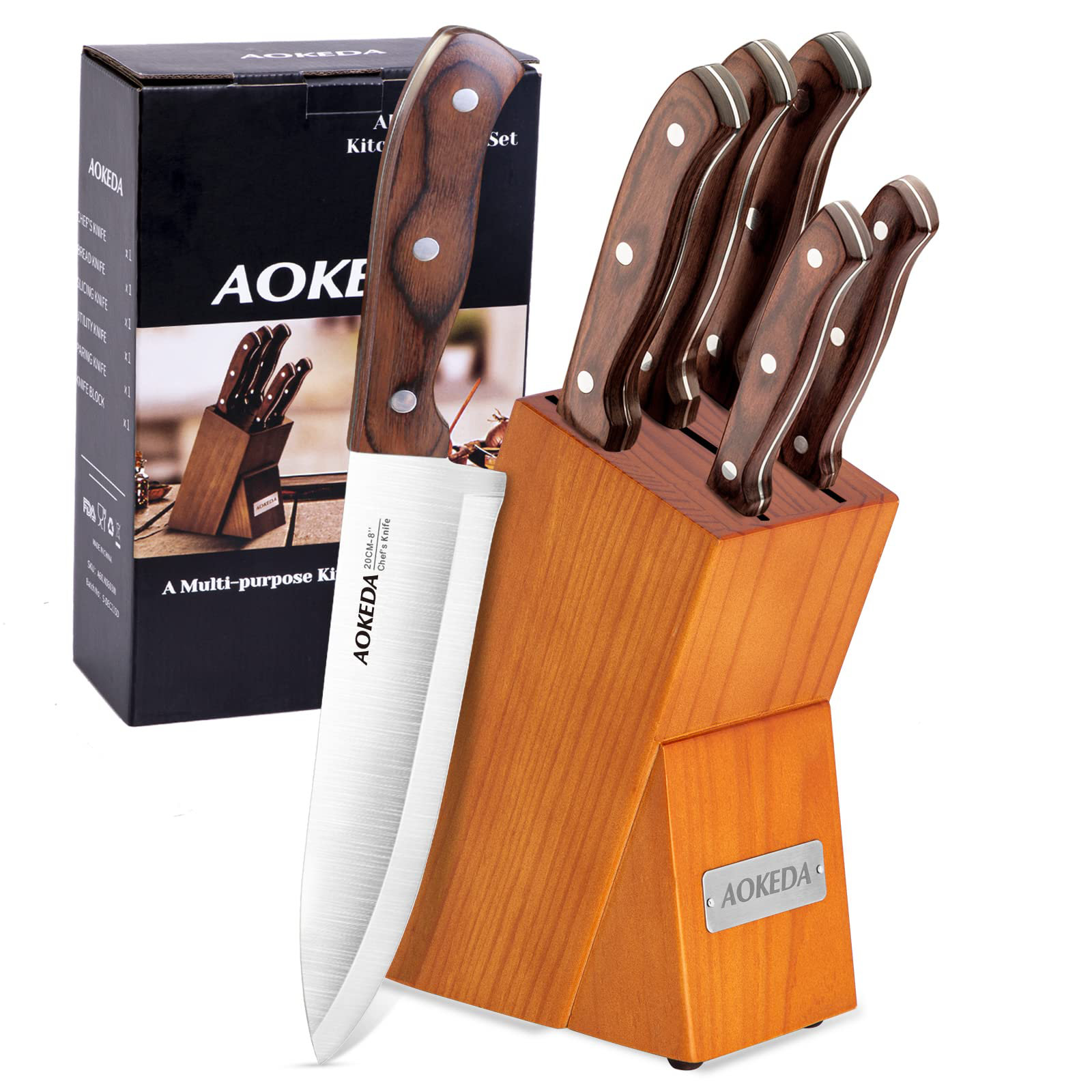 AOKEDA 15-Piece Kitchen Knife Set with Block Stainless Steel