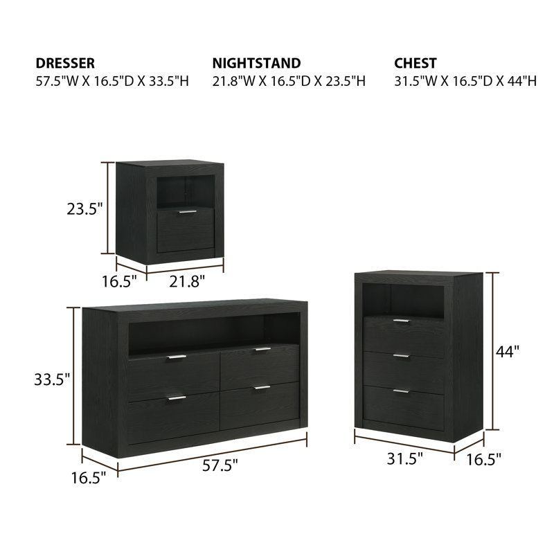 4-Pieces Bedroom Sets, Black, 4 Pcs: 2 Nightstands, Chest, Dressers