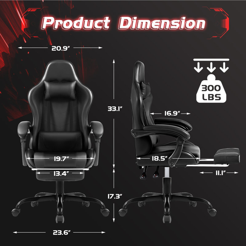 Fauteuil de jeu vidéo réglable avec massage pivotant pour PC et fauteuil de jeu de course avec repose-pieds, Noir
