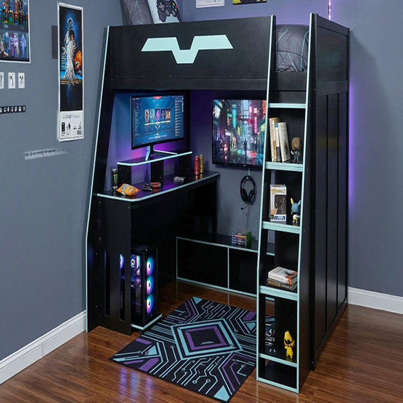 Lit mezzanine en bois avec bureau, tablettes multiples et lumière RVB, table à placement réglable, Bleu