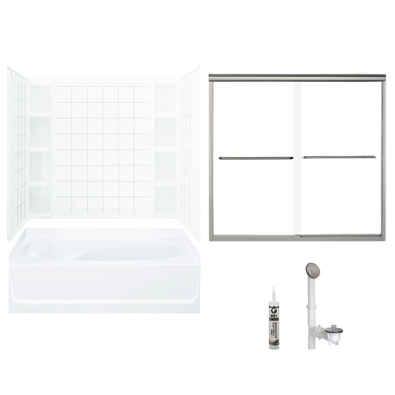 60" W x 74.25" H Frameless Rectangle Sliding Tub & Shower Kit with Towel Bar and Base Included, Nickel