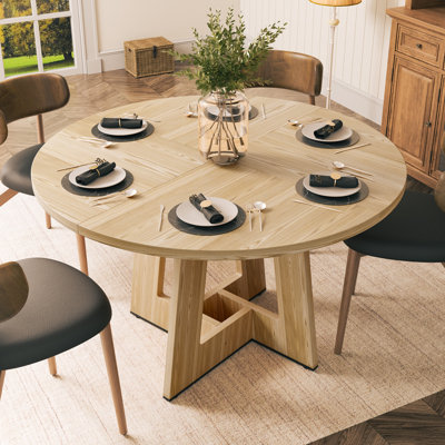 47'' Round Wood Dining Table For 4-6 Farmhouse Kitchen Table With Cross Legs