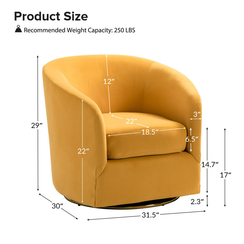 Holden 31.5" Wide Velvet Swivel Barrel Chair, Velours moutarde