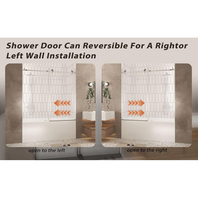 Frameless Shower Door 56-60 "w X 60" H, 1/4 "(6 Mm) Clear Tempered Glass, Explosion Proof Film, Stainless Steel Handle,brushed Nickel