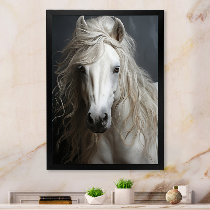 «White Horse Subtle Whispers - Animal Wall Art Living Room», H 44 po x l 34 po x P 1,5 po, Cadre photo noir