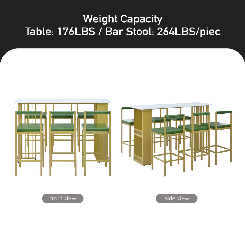 Ensemble de table de bar 7 pièces multifonctionnel à hauteur de comptoir moderne avec tablettes ouvertes et 6 tabourets rembourrés pour salle à manger, bar et café