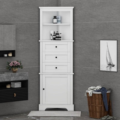 Storage Corner Cabinet With 3 Drawers And Door, Adjustable Shelf