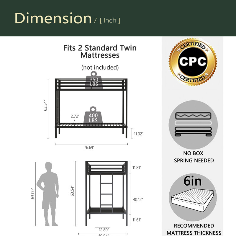 Sturdy Twin Over Twin Bunk Bed Metal Black For Kids And Adult, Twin Over Twin Bunk Bed With Ladder And Guardrails, Easy Climbing, Beds For Bedroom