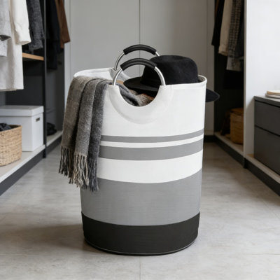 Large Capacity Striped Fabric Storage Bin With Aluminum Handles - Foldable Laundry Hamper For Home, Office, Dorm - Multi-Purpose Organizer For Clothes And Household Items