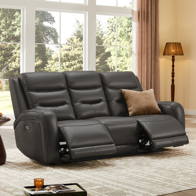 Top Grain Genuine Leather Upholstered Power Reclining Sofa, Dark Gray