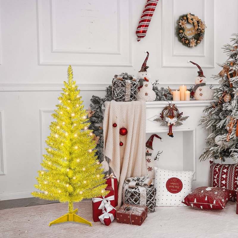 Arbre de Noël doré 4 pi avec 50 lumières UL et 122 pointes en PVC - Arbre de Noël artificiel pré-éclairé pour la décoration intérieure, un petit espace, une table, un appartement ou un bureau