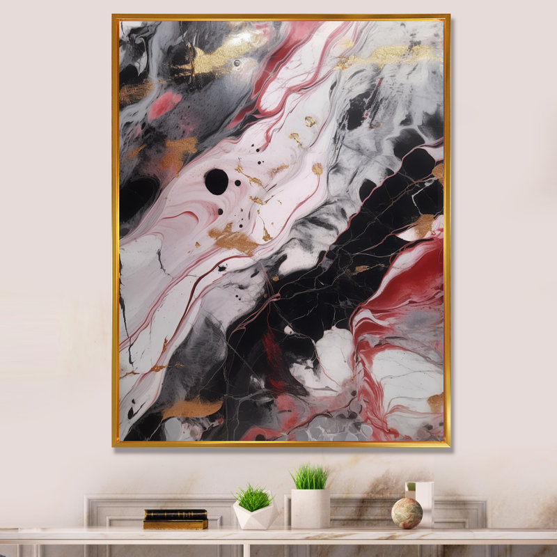 Red and Black Marble Whispers I - impression, H 40 po x l 30 po x P 1,5 po, Cadre flottant doré