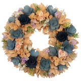 Wooden Spring Wreath With Mini Artificial Flowers- 14" - Blue And Cream