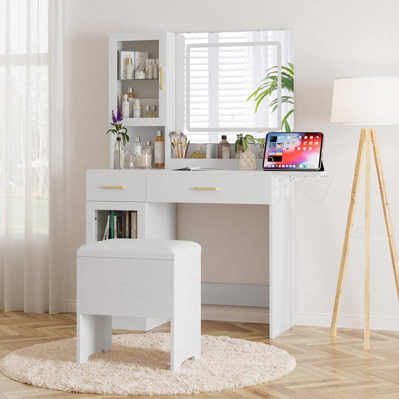 Makeup Vanity Desk with Adjustable LED Lights, Charging Station, and Stool