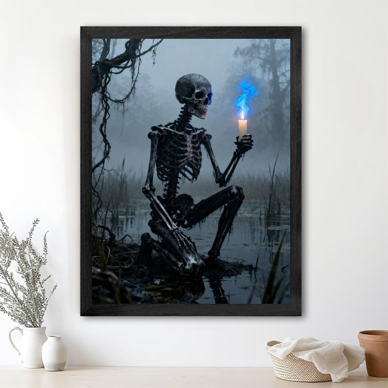 Reproduction d'art encadrée noire rétro crâne gothique foncé, H 37 po x l 25 po