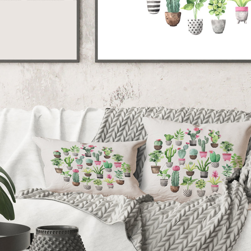 Carré, cactus dans des pots en céramique aux tons doux II - Coussin décoratif à imprimé traditionnel, 16" x 16"