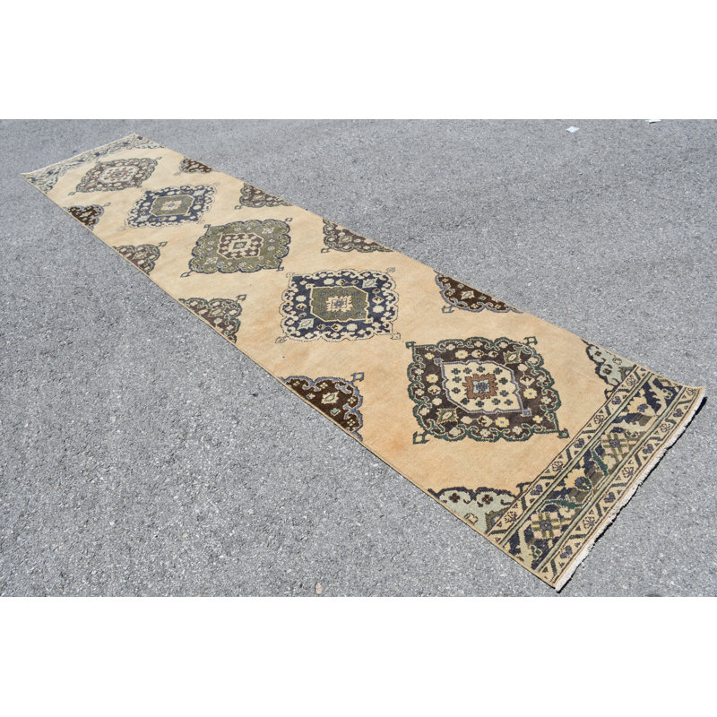 Tapis turc Oushak fabriqué à la main en jaune moutarde pour cuisines et couloirs brun / orange