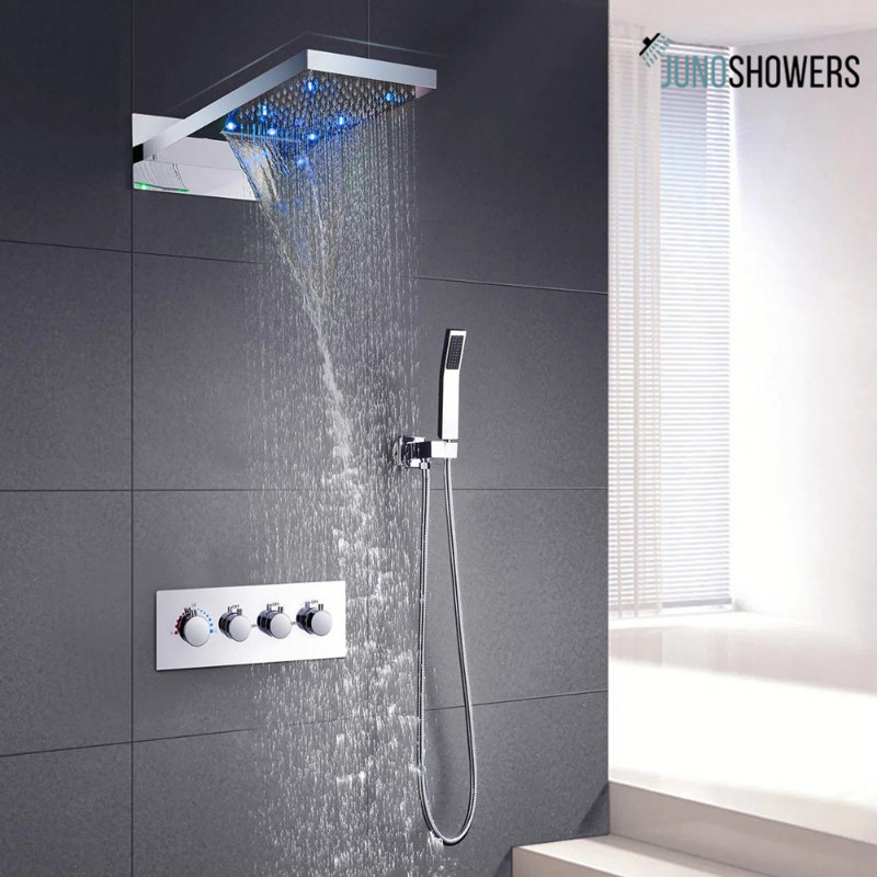 Thermostatic Rainfall Shower System in Brushed Nickel with Modern Wall-Mount Design