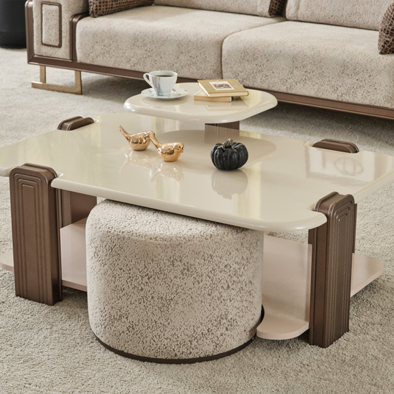 Beige and Brown Textured Fabric 5-Piece Living Room Set with Gold Metal Legs