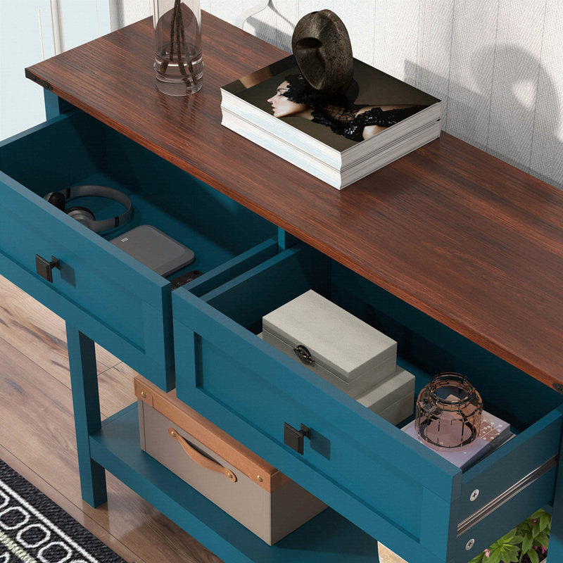 Farmhouse Style Console Table With 2 Drawer And Bottom Storage Shelf, Blue