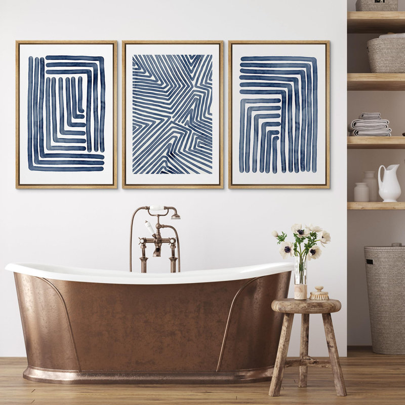 Geometric Line Navy Blue Stripe Abstract Boho Mid-Century Modern Frame Canvas 3 Piece Print Wall Art, 36" H x 72" W x 1.5" D