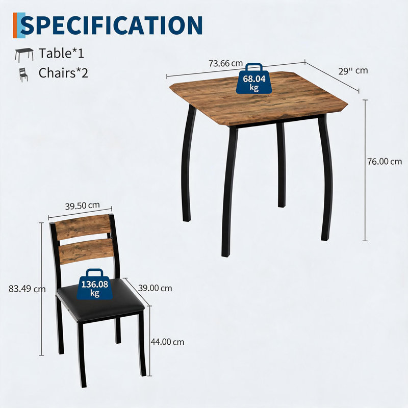 Space-Saving 3-Piece Dining Table Set for 2 – Modern Farmhouse Kitchen Furniture with Metal Frame and Wood Top – Perfect for Apartments, Breakfast Nooks, Small Dining Rooms