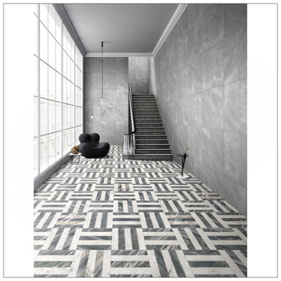 12X12 Inch Waterjet Polished Marble Tiles, White And Grey, For Floors And Walls, Natural Stone, Genuine And Real Marble, 4 Pieces Per Box