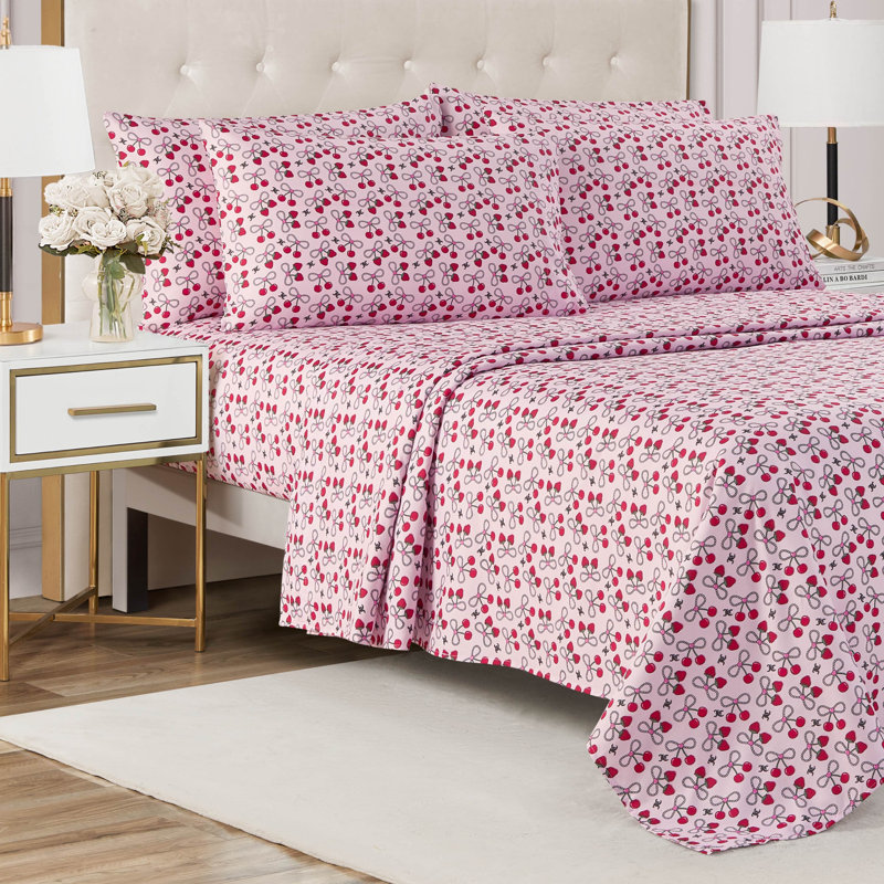 Juicy Couture Microfiber Sheet Set with Extra Pillowcase(s), Twin, Cherry Pearl Bow