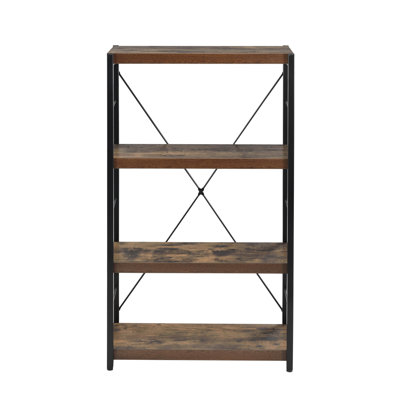3 tablettes en chêne patiné à 4 tablettes avec pieds en métal noir, rangement pour atelier et bibliothèque rectangulaire, présentoir à 3 tablettes