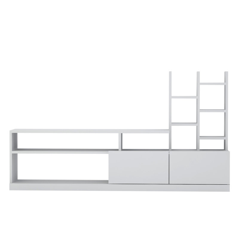 Meuble télé blanc Amatallah avec option de fixation murale, 64,7 po x 35,9 po x 9,8 po | 100% panneau de particules enduit de mélamine, épaisseur: 0,7 pouce | Plusieurs tablettes pour le rangement, design élégant et fonctionnel pour le salon