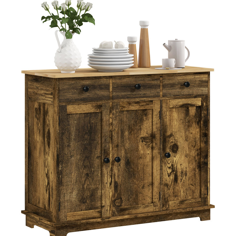 Buffet rustique brun - Buffet avec 3 tiroirs et tablettes réglables pour le rangement de la cuisine moderne