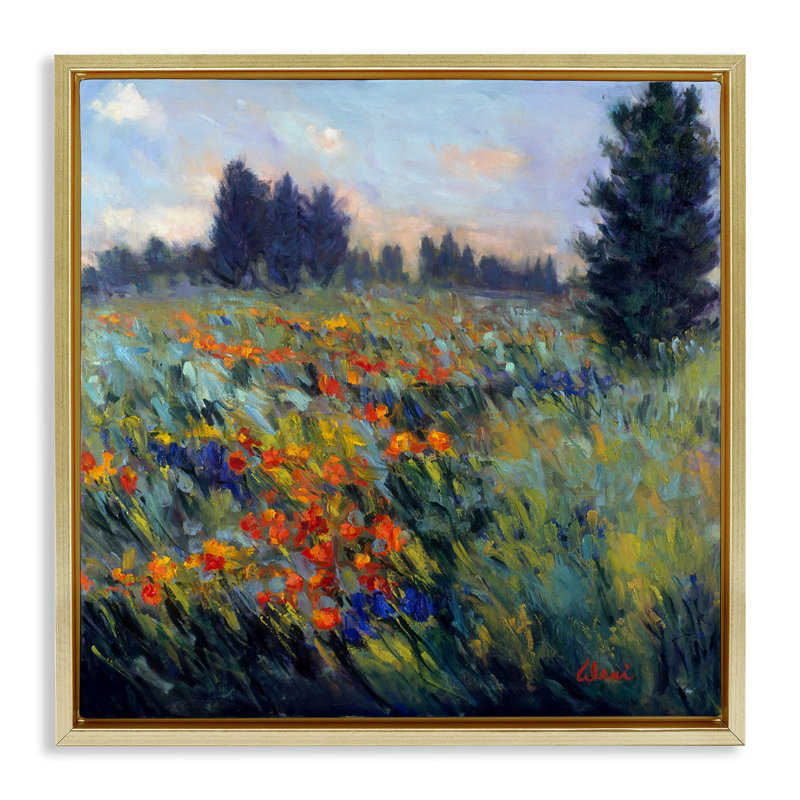 Paysage de pré de fleurs, Cadre flottant métallique doré, H 25 po x l 25 po