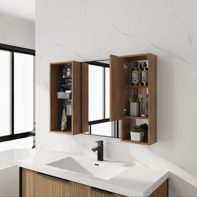Armoire de salle de bain avec miroir 41,6 po avec combinaison de rangement, armoire murale avec porte à fermeture douce, armoire de rangement avec accessoires - bacs et crochets en plastique givré, contreplaqué