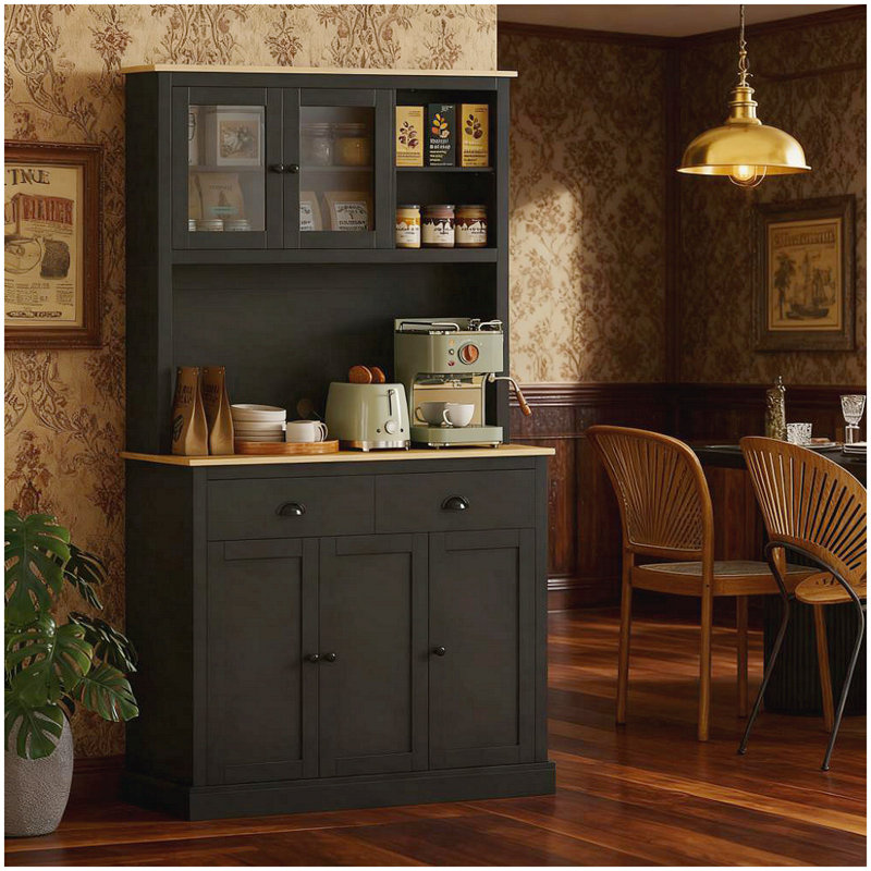 Armoire de cuisine autoportante de 71 pouces de hauteur avec tablettes réglables et rehausse de porte en verre, noir