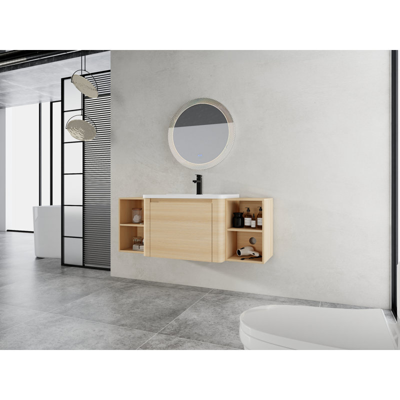 Meuble-lavabo de salle de bain, 51,6 po, contreplaqué, 1 pièce, mural, chêne blanc américain, 52" W