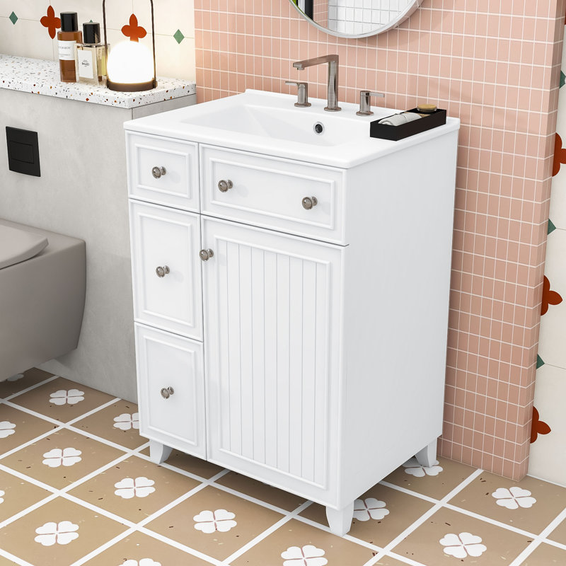 Meuble-lavabo sophistiqué pour petits espaces avec panneau de fibres à densité moyenne durable, Blanc, Argent argent