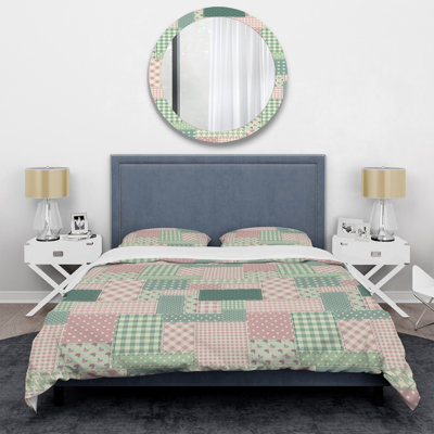 Patchwork vert et crème - ensemble de housse de couette abstrait - microfibre de polyester
