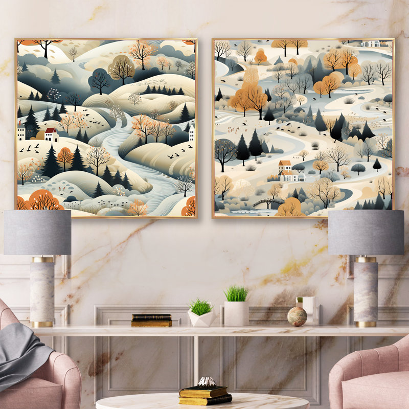 Summer Scandinavian Landscape - Ensemble de 2 collages carrés, Cadre flottant doré, H 30 po x l 61 po