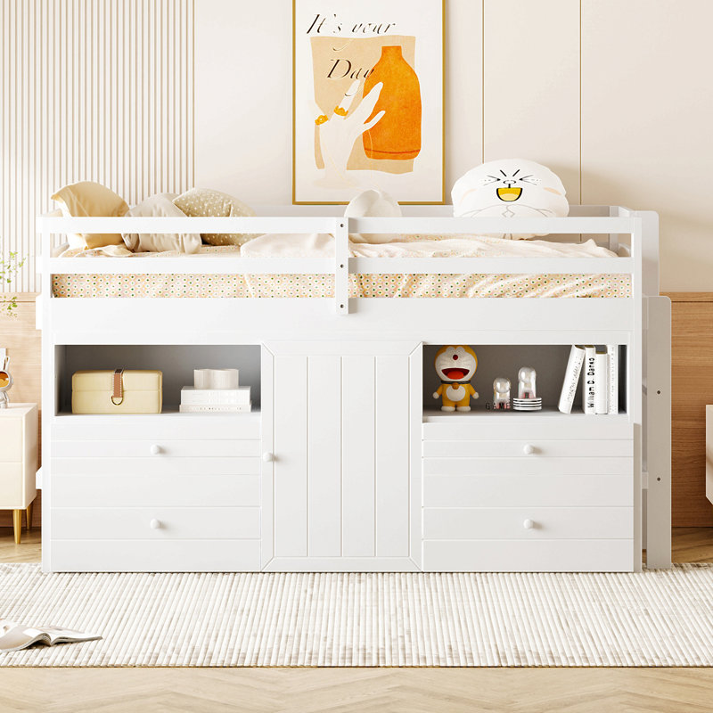 Lit mezzanine simple avec 4 tiroirs, sous l'armoire et les tablettes, Blanc