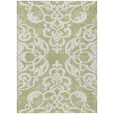 3' X 5' Sage And Ivory Damask Washable Indoor Outdoor Area Rug
