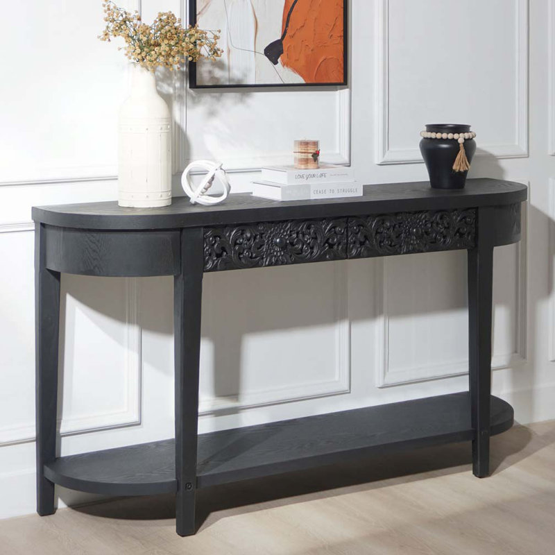 Black Carved Wooden Console Table with Lower Storage Shelf Tow Drawers