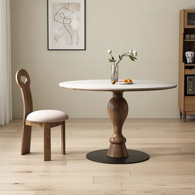 White+Nut-brown+Black Round Sintered Stone+Manufactured Wood+Carbon Steel Dining Table