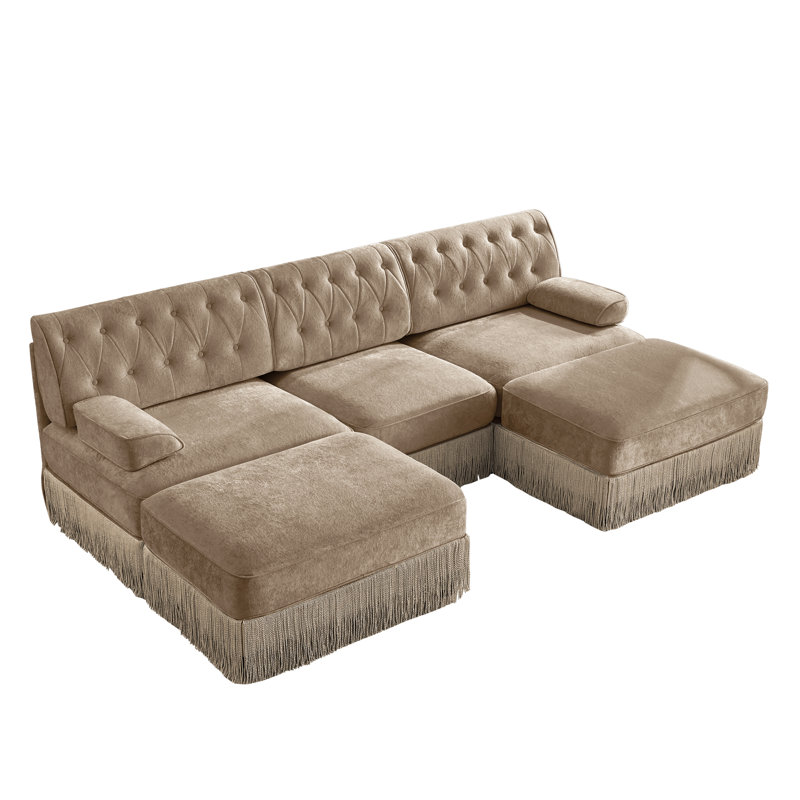 U-shaped, breathable, comfortable fringe-trimmed sofa, 34.2" H x 106.1" W x 60.3" D, Camel Velvet