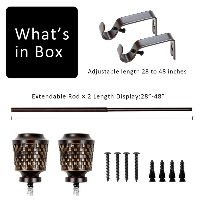 5/8" Single Curtain Rod With Vieve Finials, Bronze Gold, 28" - 48"