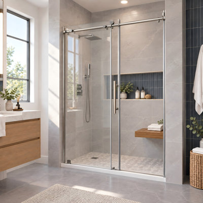 58"–60" W x 74" H Frameless Single Sliding Shower Door with 5/16"(8mm) Clear Tempered Glass, Safety Film and Easy-Clean Coating