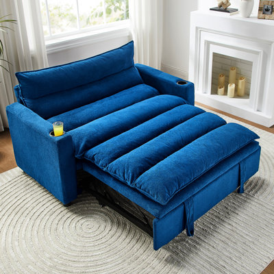Lit méridienne convertible en velours multifonctionnel de 47 po avec réglables pour des espaces de vie confortables, bleu, assise moelleuse, dossier à coussin, sans accoudoirs, structure en acier, capacité de 330 lb, respirant