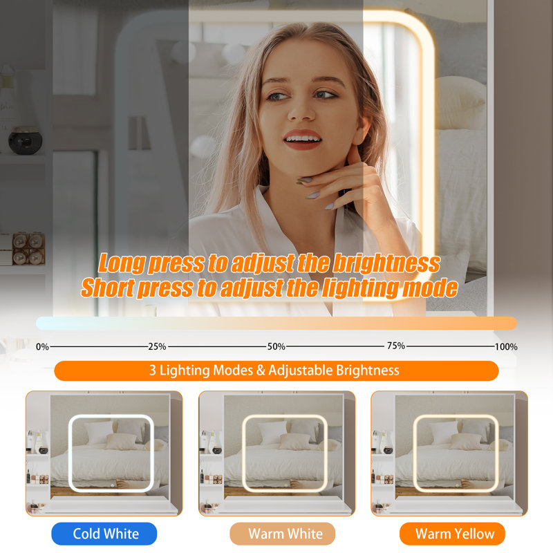 Meuble-lavabo moderne avec miroir lumineux coulissant, 4 tiroirs, tablette ouverte, prise de courant encastrée, tabouret rembourré